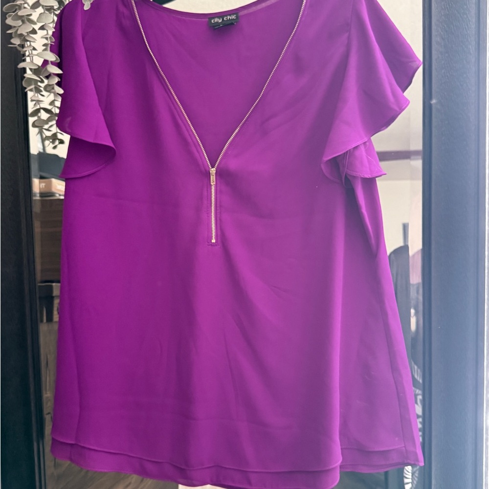 City Chic Vivid Purple Blouse with Zipper Detail